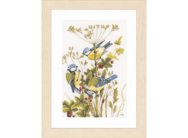 Набор для вышивки крестом LanArte Blue tits with red berries Синички и брусника